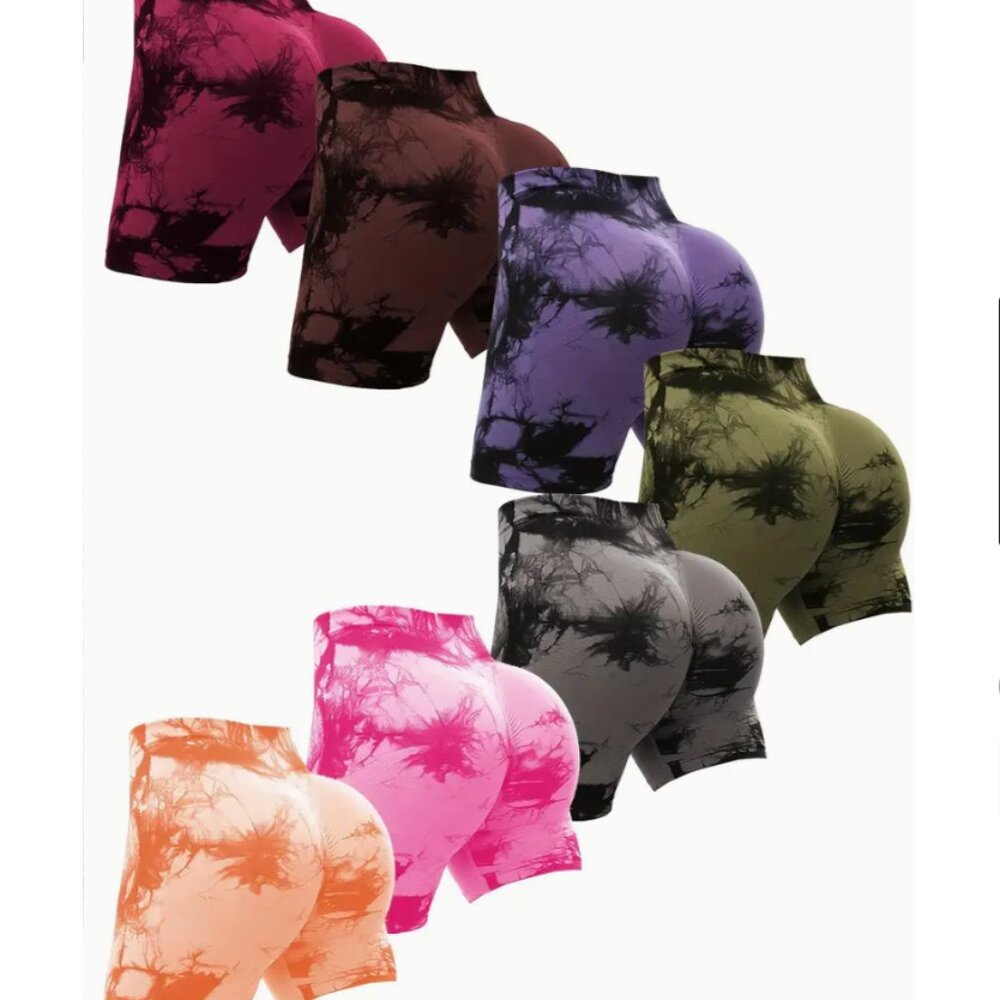 Callie Lives SM Booty Pocket Butt Lifting Tie Dyed Bike Shorts Purple Pink Green